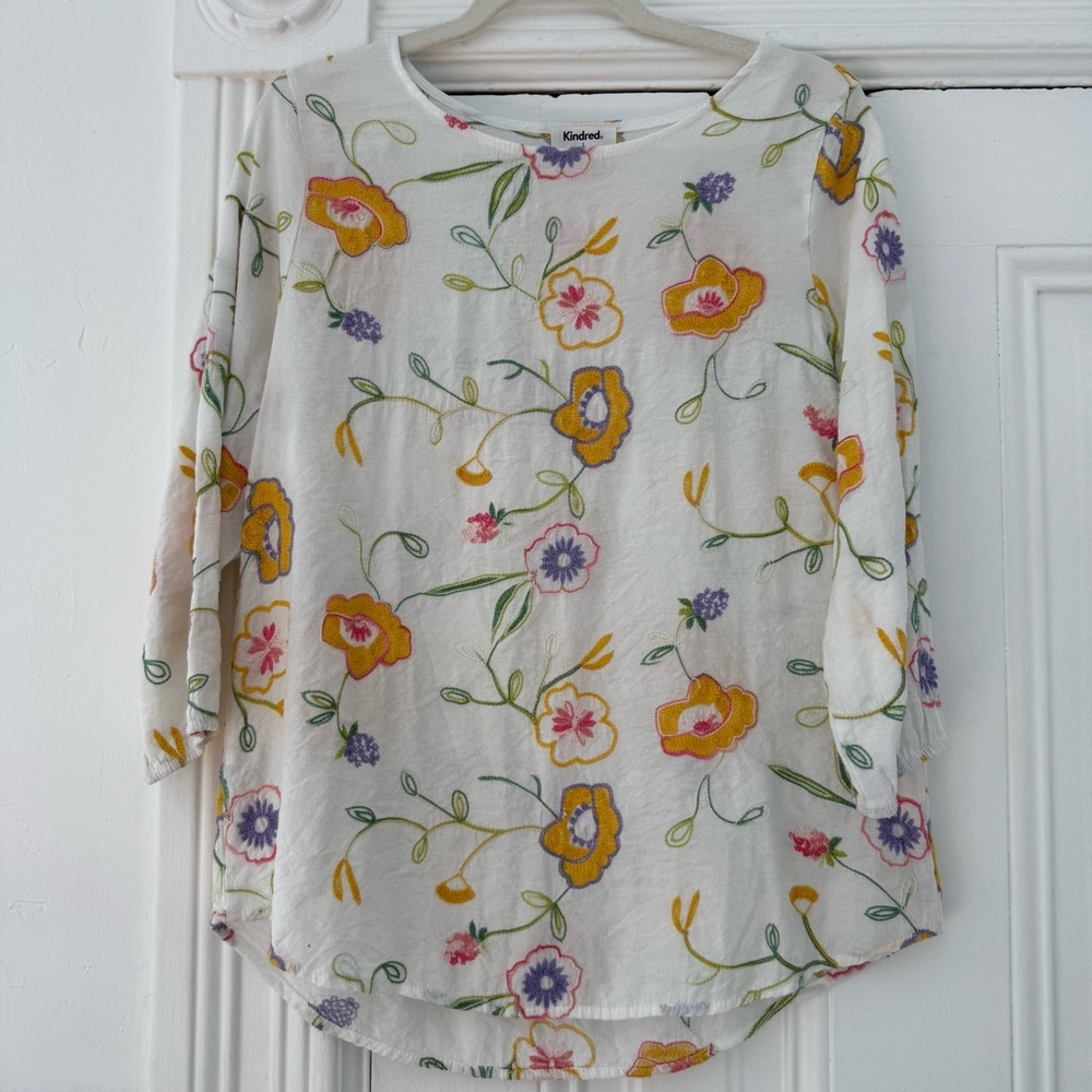 Kismet Women's Embroidered Floral Top - White with Yellow and Purple